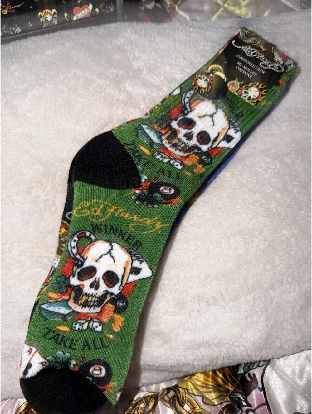 Ed Hardy Gambling Skull Mens 3 Pair Cushioned Crew Socks Green /Black/blue